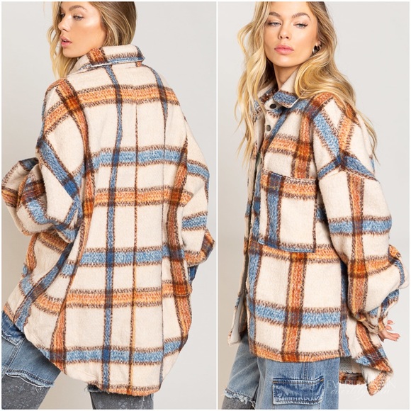 POL Beige Plaid Shirt Jacket Shacket - Picture 6 of 12